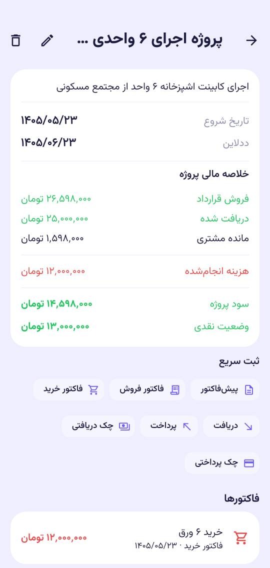 صفحه جزئیات پروژه در سودیار: خلاصه مالی پروژه شامل فروش قرارداد، دریافت‌شده، مانده مشتری، هزینه انجام‌شده، سود پروژه و وضعیت نقدی، به همراه ثبت سریع و فاکتورهای پروژه